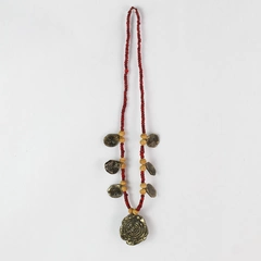 Vintage Handmade Wood Bead Necklace With Carved Spiral Brass Pendants Signed
