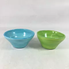 Lot of 2 Melanie Thompson Pottery Bell Bowls Aqua Moss Green Signed
