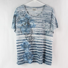 Christopher & Banks Blue White Flower Print Bedazzled T-Shirt Women's Size Large