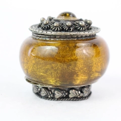 Miniature Yellow Glass Metal Trinket Jar Pill Box Made in India 1.75" Tall