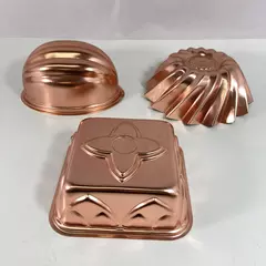 Lot of 3 Hanging Copper Kitchen Molds Spiral Square with Flower Oval