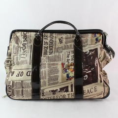 Newspaper Print Wheeled Duffle Bag With Black Leather Trim