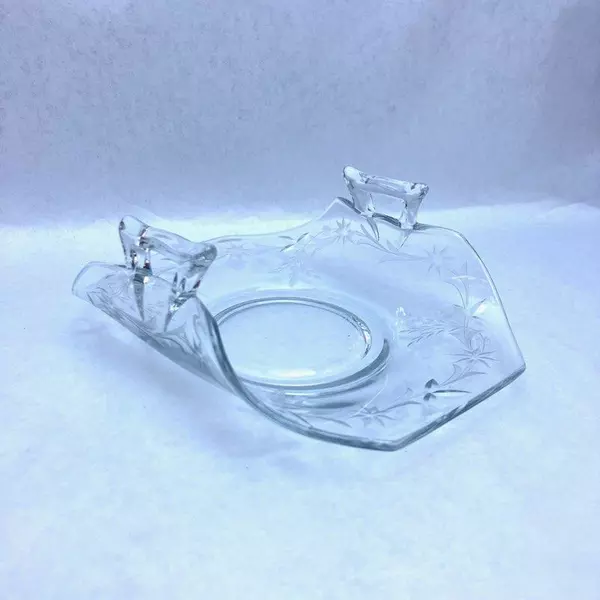 Etched Glass Two Handled Candy Dish Floral Design 6.5in Long