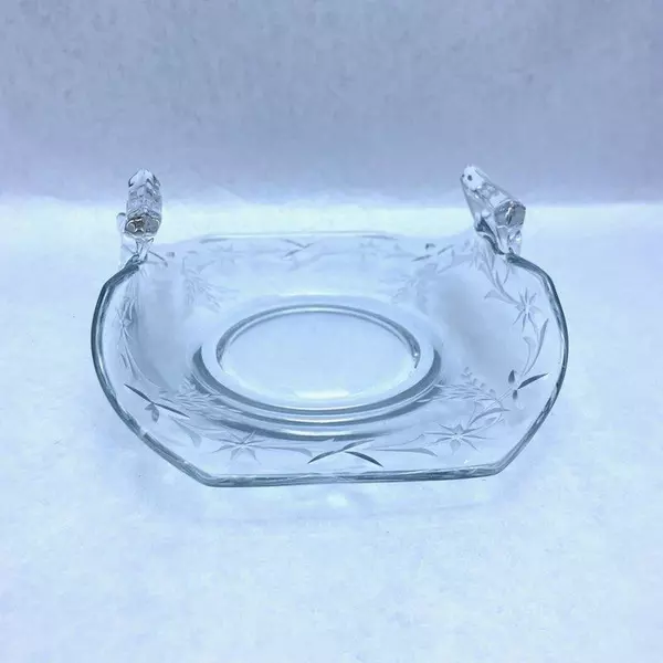 Etched Glass Two Handled Candy Dish Floral Design 6.5in Long