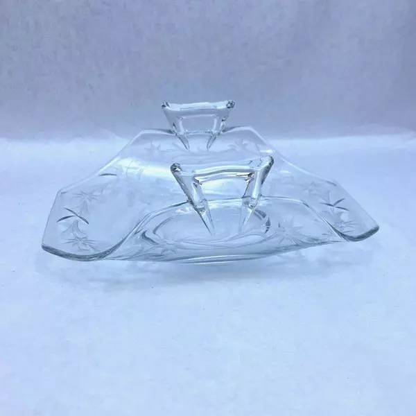 Etched Glass Two Handled Candy Dish Floral Design 6.5in Long