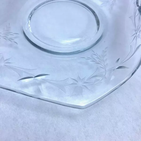 Etched Glass Two Handled Candy Dish Floral Design 6.5in Long