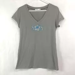 Femme By Tresics Top Shirt Women's Size L Gray Blue White Beading Short Sleeves