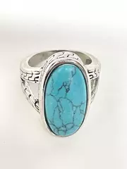 Turquoise Silver Tone Women's Ring Size 7 Split Shank Oval Good Pre-owned