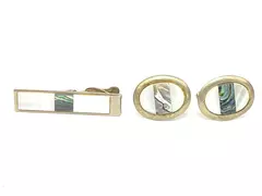 Vintage Men's Brass Cufflinks & Tie Clip Set Mother of Pearl & Abalone