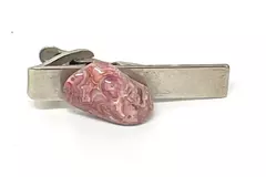 Vintage Silver Tone Men's Rhodochrosite Gemstone Tie Clip Good Condition