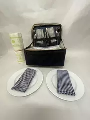 Mill Casino Hotel Blue Canvas Zippered Picnic Basket Tote Napkins Plates Glasses