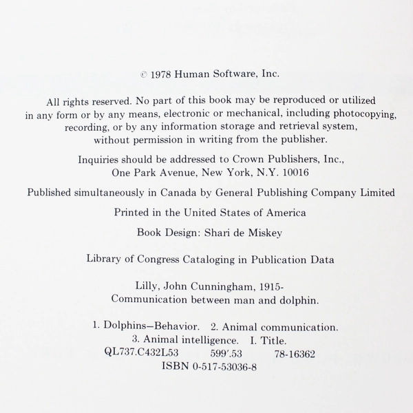 Communication Between Man and Dolphin by John C. Lilly 1978 Hardcover
