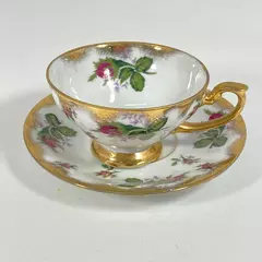 Vtg Shafford Bone China Tea Cup and Saucer Handpainted Pink Roses Gold Trim