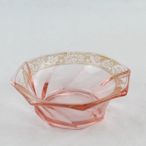 Vintage Heisey Glass Pink Spiral Octagon Fruit Bowl Gold Floral Band