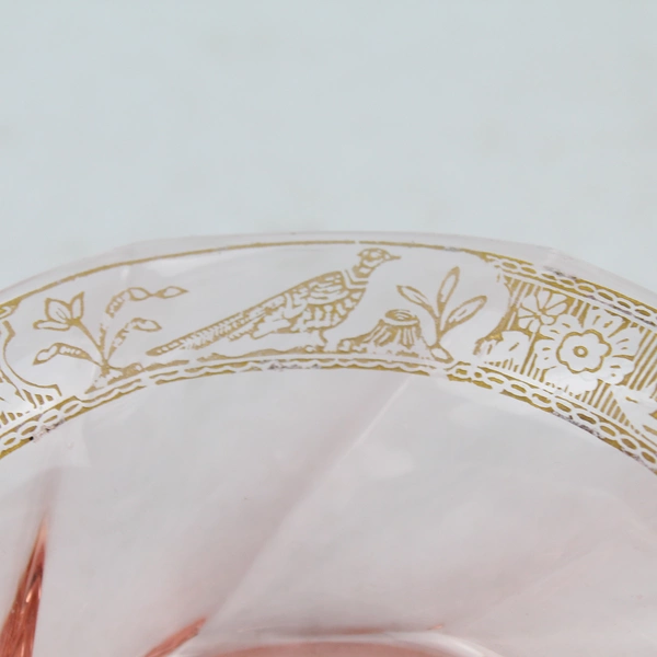 Vintage Heisey Glass Pink Spiral Octagon Fruit Bowl Gold Floral Band