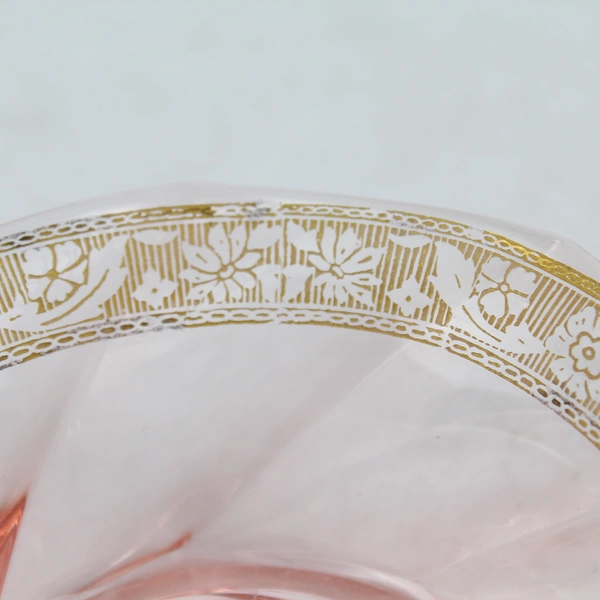 Vintage Heisey Glass Pink Spiral Octagon Fruit Bowl Gold Floral Band