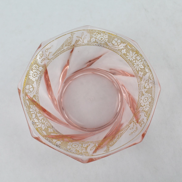 Vintage Heisey Glass Pink Spiral Octagon Fruit Bowl Gold Floral Band