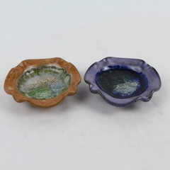 Lot of 2 Crackle Glass Ashtrays 3.5 Inch Scalloped Edge Blue And Orange 