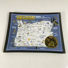 Vintage Oregon Centennial Glass Trinket Dish Tray Map Landmarks Blue 9 Inch