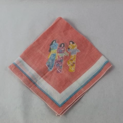 Vintage Pink White Woven Handkerchief with 3 Geisha Pattern 15" Square