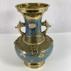 Vintage Japanese Champleve Cloisonne Brass Vase With Dragon Handles