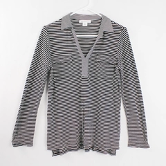 Liz Claiborne Women's M Black White Striped Long Sleeve Collared Top