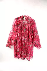Courtney Jones By Teddi Red Floral Tunic Blouse Women's Sz 8 Missing Button