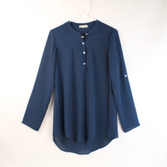 About A Girl Navy Blue Semi Sheer Blouse Women's Small Henley Pre-Owned