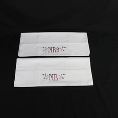 Set of 2 Vintage Mr Mrs Cross Stitch Needlepoint Pillowcases White Bedding Decor