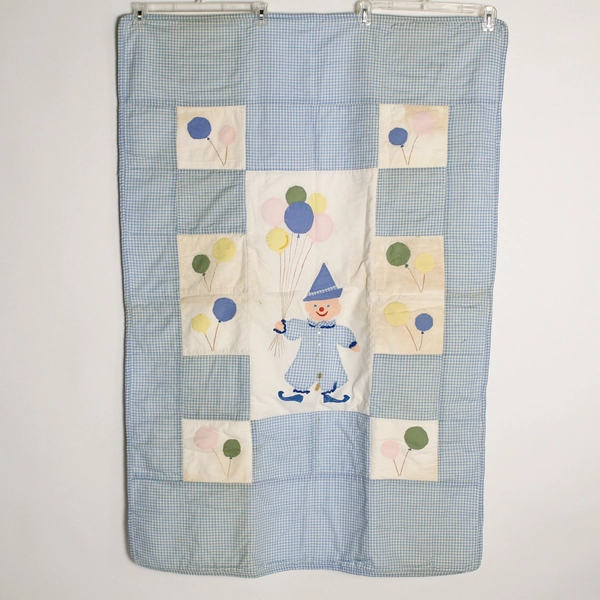 Vintage Baby Blanket Nursery Quilt Appliqued Clowns Balloons Blue Flaws