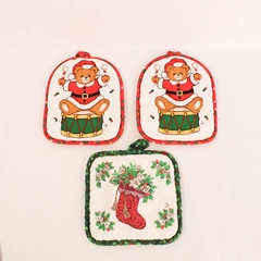 Lot of 3 Vintage Quilted Christmas Pot Holders Teddy Bear & Stocking