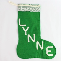 Handmade Lacey Green Fabric Personalized Christmas Stocking for Lynne