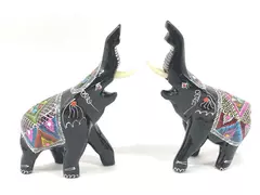 Lot of 2 Hand Painted Black Lacquer Elephant Figurines Floral Design