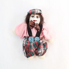 Vintage Porcelain Hand Painted Clown Doll Jester Hat Bow Plaid Coveralls 4.75 In
