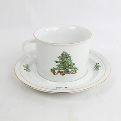 Vintage Holiday Hostess Cup & Saucer Set Christmas Tree Gold Trim Mistletoe