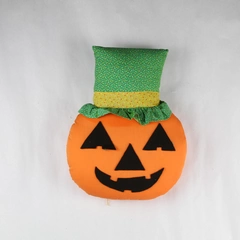 Vintage Homemade Jack O Lantern Pumpkin Pillow Plush W/ Green Floral Hat