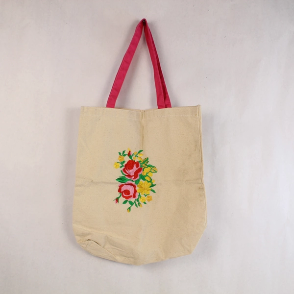 Lot of 3 Beige Canvas Tote Bags with Floral & Graphic Designs Reusable
