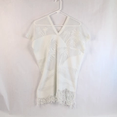 White Lace Palm Tree Poncho V Neck Fringe Hem Size Small Vintage Fashion