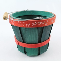 Let It Snow Green and Red Wooden Basket 6" Christmas Holiday Decor
