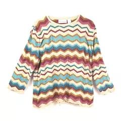 Alfred Dunner Sweater Women's Large Beige Purple Blue Long Sleeves Knit Chevron