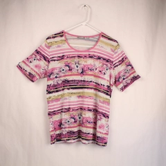 Rabe Women's Top Size 40 Floral Striped Short Sleeve Round Neck Pink Blue