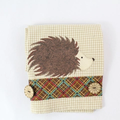 Dunroven House Hedgehog Tea Towel Beige Checked Pattern Autumn Kitchen Decor