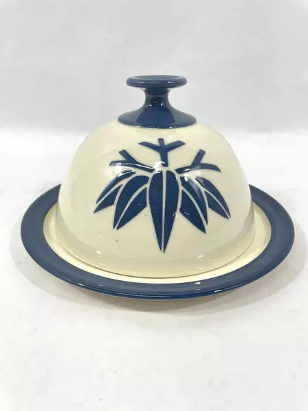Guggenheim Pottery Plate With Cloche White Cobalt Blue Branch With Leaves