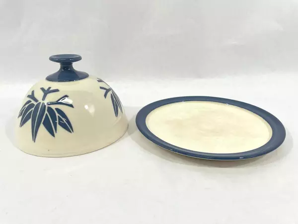 Guggenheim Pottery Plate With Cloche White Cobalt Blue Branch With Leaves