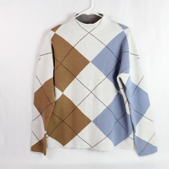Rachel Zoe Pullover Sweater Women's Size L Tight Knit Brown Blue White Mock Neck