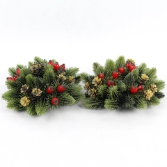 Lot of 2 Christmas Candle Rings Wreaths Plastic Fir Needles Berries Cones