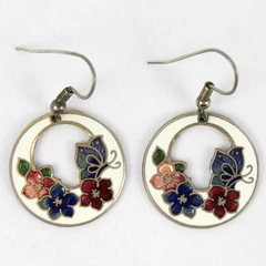 Vintage Round Cloisonné Flower And Butterfly Dangle Earrings 