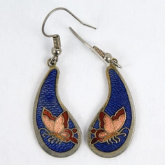 Vintage Cloisonne Teardrop Earrings Blue And Gold Tone With Butterflies