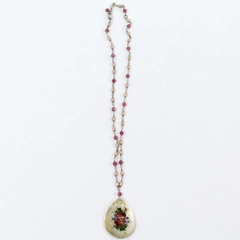 Vintage Hand Painted Mother Of Pearl Teardrop Pendant Necklace 19"