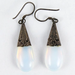 Vintage Moonstone Teardrop Dangle Earrings Filigree Sterling Silver Cap